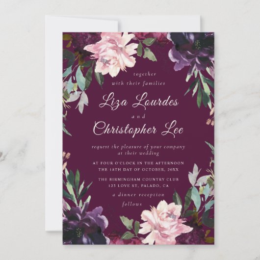 Invitation Luxueux Romantique Marsala Bourgogne Mariage flora (Devant)