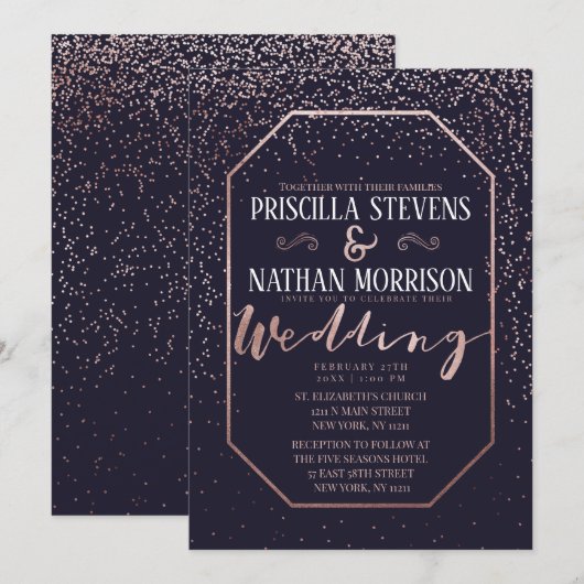 Invitation Luxueux Rose Gold Confetti Mariage bleu marine (Devant / Derrière)
