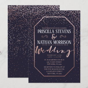 Invitation Luxueux Rose Gold Confetti Mariage bleu marine