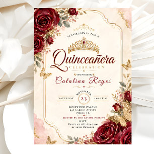 Invitation Luxueux Roses Cramoisies et Dorées Quinceañera