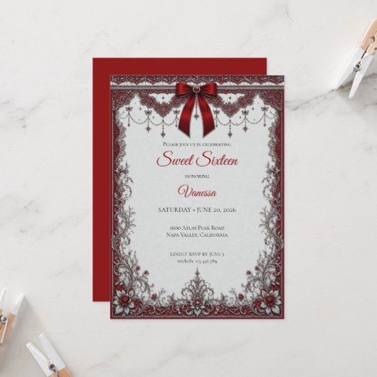 Invitation Luxueux Rouge Arc d'Argent Douze Ans (Devant/Arrière en situation)