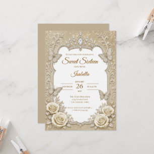 Invitation Luxueux Ruban en Dentelle d'Or Ivoire pour Sweet 1