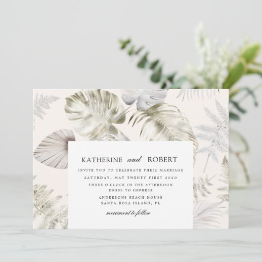 Invitation Luxueux Silver Tropical Foliage Mariage (Debout devant)