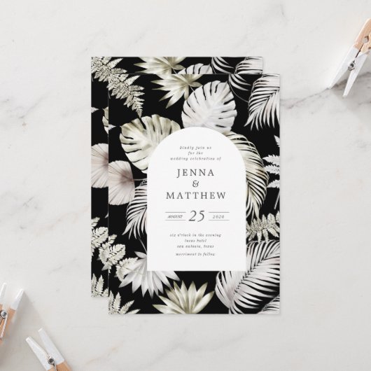 Invitation Luxueux Silver Tropical Foliage Mariage (Devant/Arrière en situation)