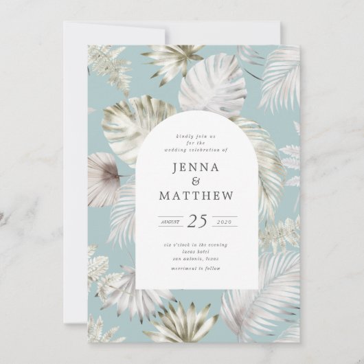 Invitation Luxueux Silver Tropical Foliage Mariage (Devant)