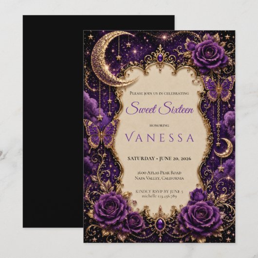 Invitation Luxueux Strass Violet Glitter doux 16 (Devant / Derrière)