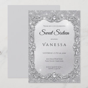 Invitation Luxueux Sweet 16 paillettes strass argentés