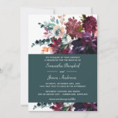 Invitation Luxueux Turquoise Bourgogne Aquarelle Mariage Flor (Devant)