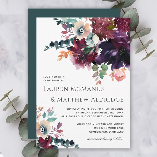 Invitation Luxueux Turquoise et Mariage Floral de vin