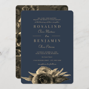Invitation Luxueux Unique Marine Bleu Golden Floral Mariage