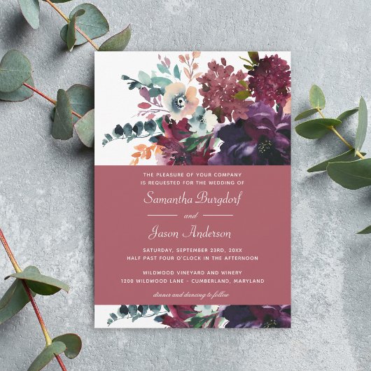 Invitation Luxueux vin Rose Aquarelle Mariage Floral