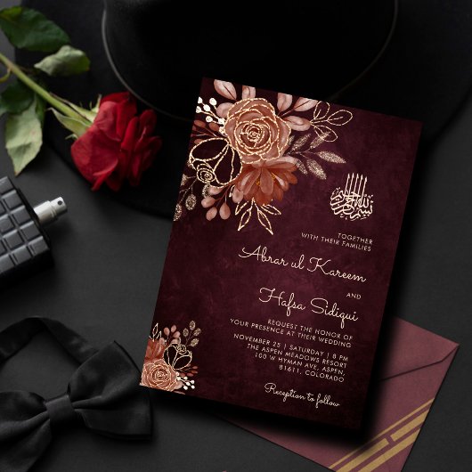 Invitation Luxuriant Bourgogne Floral Gold Mariage islamique