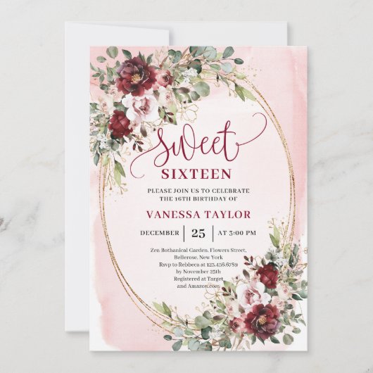 Invitation Luxurious Burgundy Blush Floral Sweet Sixteen Card (Devant)