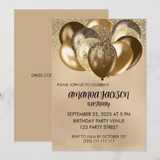 Invitation Luxurious Gold Balloons General Birthday Invite (Devant / Derrière)