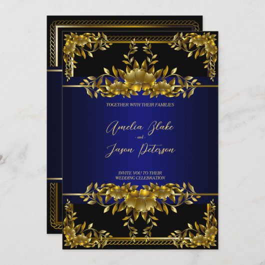 Invitation Luxurious Gold Carving Floral | Blue Black (Devant / Derrière)