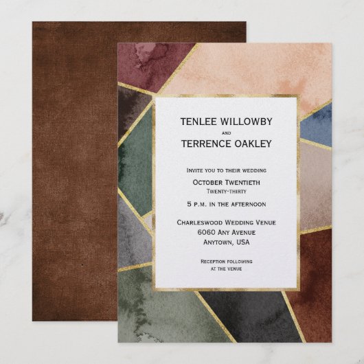 Invitation Luxurious Gold Geometric Blue Brown Green (Devant / Derrière)