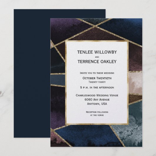 Invitation Luxurious Gold Geometric Blue Purple Brown Wedding (Devant / Derrière)