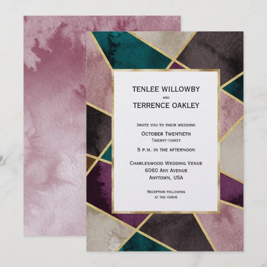 Invitation Luxurious Gold Geometric Green Purple Wedding (Devant / Derrière)