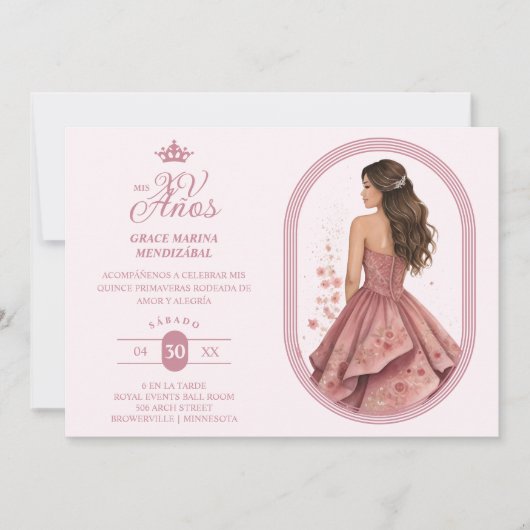 Invitation Luxurious Pink Oval Frame Charming Quinceañera (Devant)