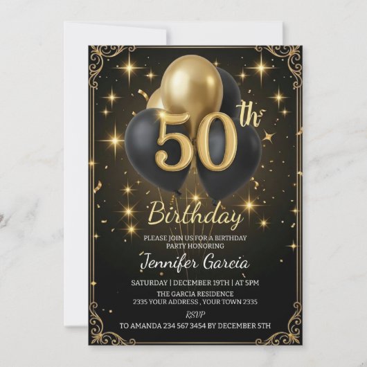 Invitation Luxury 50th Birthday Black Gold Balloon Glitter (Devant)