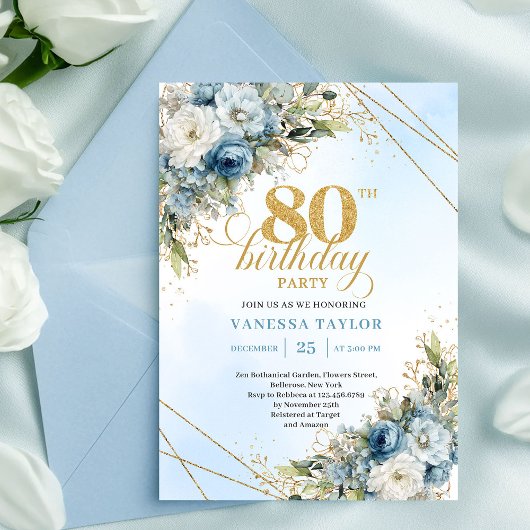 Invitation Luxury 80th Birthday Invite Boho Dusty Blue Gold
