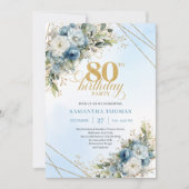 Invitation Luxury 80th Birthday Invite Boho Dusty Blue Gold (Devant)