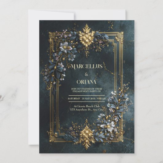 Invitation Luxury Baroque Gold Frame Dark Teal Floral Wedding (Devant)