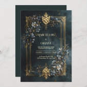 Invitation Luxury Baroque Gold Frame Dark Teal Floral Wedding (Devant / Derrière)
