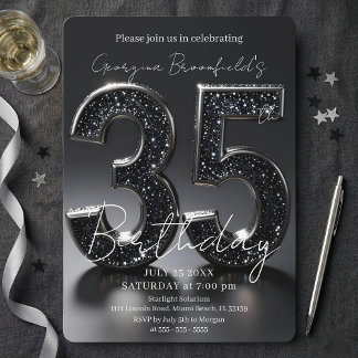 Invitation Luxury Black Glitter Silver Sparkle 35th Birthday