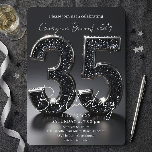 Invitation Luxury Black Glitter Silver Sparkle 35th Birthday