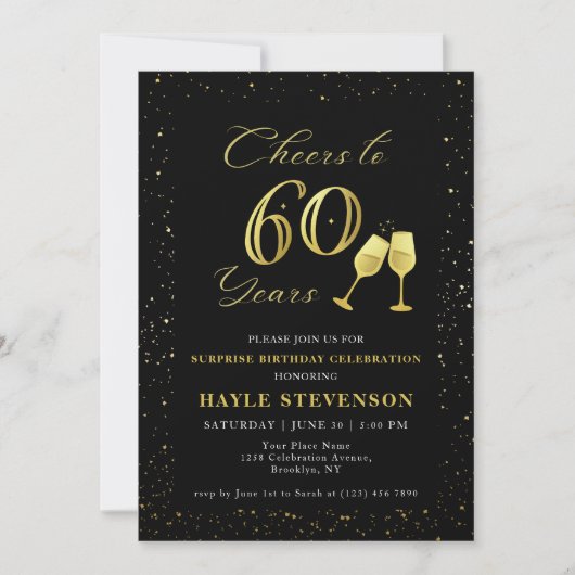 Invitation Luxury Black Gold Confetti encourage à 60e anniver (Devant)