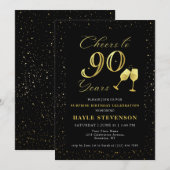Invitation Luxury Black Gold Confetti encourage à 90e anniver (Devant / Derrière)