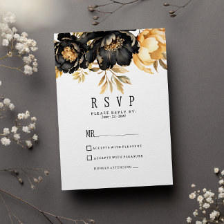 Invitation Luxury black ivory gold peony floral RSVP