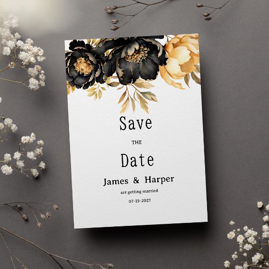 Invitation Luxury black ivory gold peony floral Save the Date