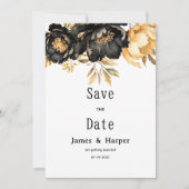 Invitation Luxury black ivory gold peony floral Save the Date (Devant)