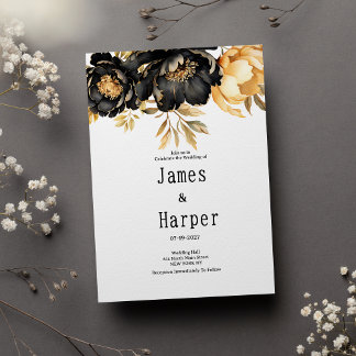 Invitation Luxury black ivory gold peony floral Wedding 