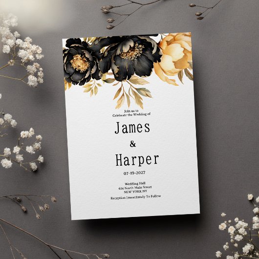 Invitation Luxury black ivory gold peony floral Wedding 