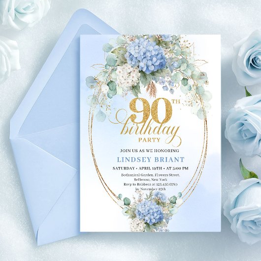 Invitation Luxury Blue Floral Watercolor 90th Birthday Invite