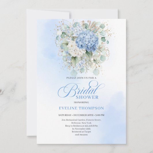 Invitation Luxury Blue Hydrangea Bridal Shower Gold Invitatio (Devant)