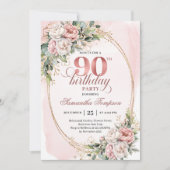 Invitation Luxury Blush Pink Gold Floral 90th Birthday Invite (Devant)
