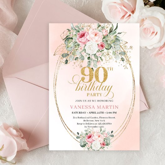 Invitation Luxury Blush Rose Gold Boho 90th Birthday Invite