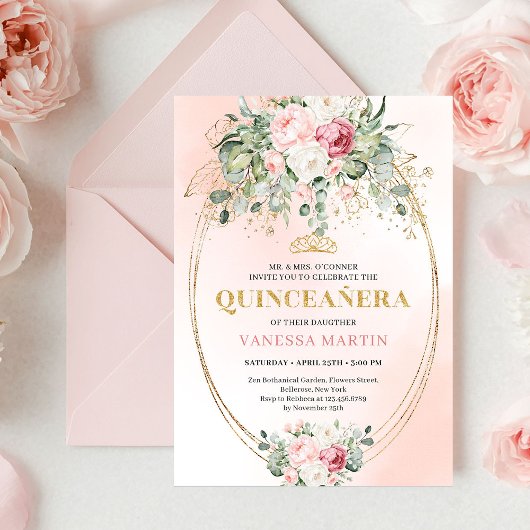 Invitation Luxury Blush Roses Greenery Gold Quinceañera Invit