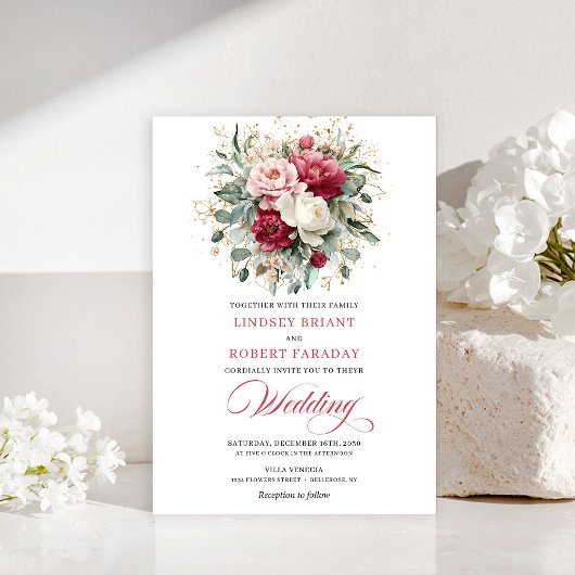Invitation Luxury Bohemian Ruby Red White Gold Wedding Invite