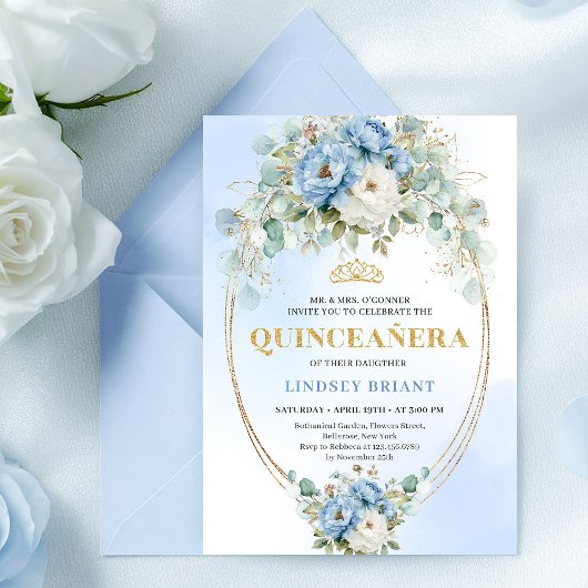 Invitation Luxury Boho Blue Peonies Quinceañera Printable