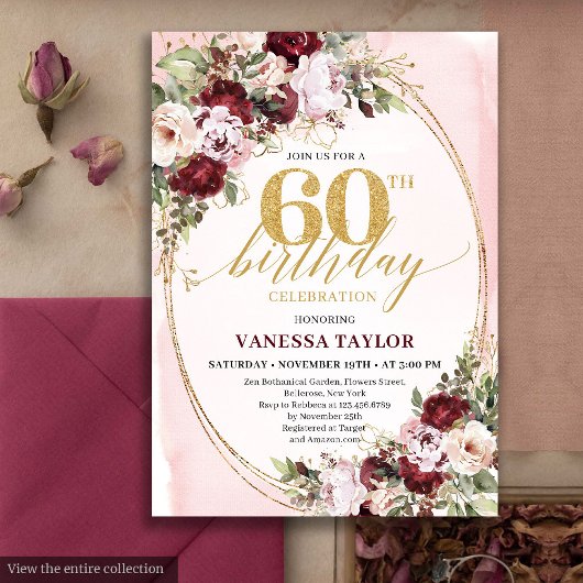Invitation Luxury Boho Burgundy Gold Floral 60th Birthday