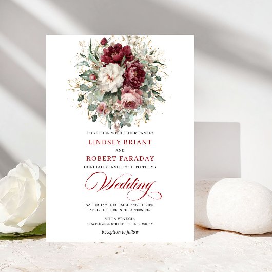 Invitation Luxury Boho Burgundy White Floral Gold Wedding 