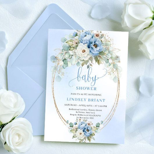 Invitation Luxury Boho Dusty Blue Greenery Gold Baby Shower