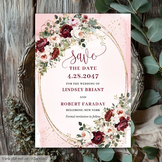 Invitation Luxury Boho Maroon Blush Gold Roses Save Date
