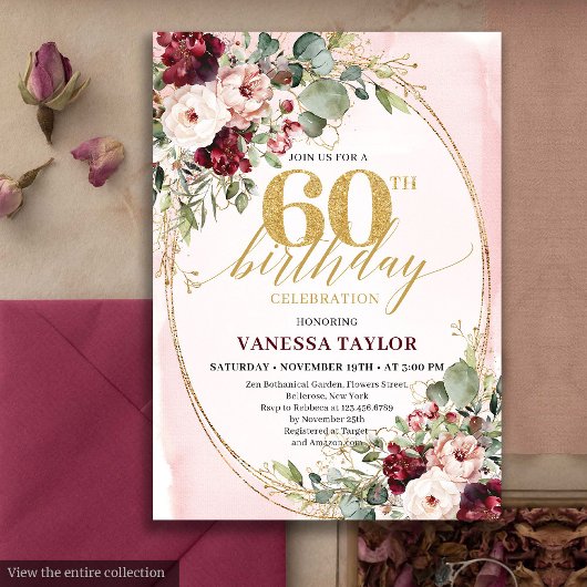Invitation Luxury Boho Maroon Gold Floral 60th Birthday Card
