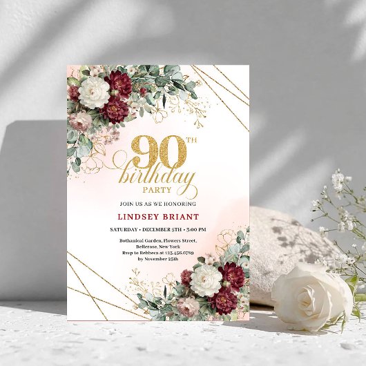 Invitation Luxury Burgundy Boho Floral Greenery 90th Birthday